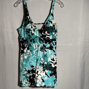 Paradise Bay Plus Size 16 Swim Dress Black White Teal Floral One Piece Vacation